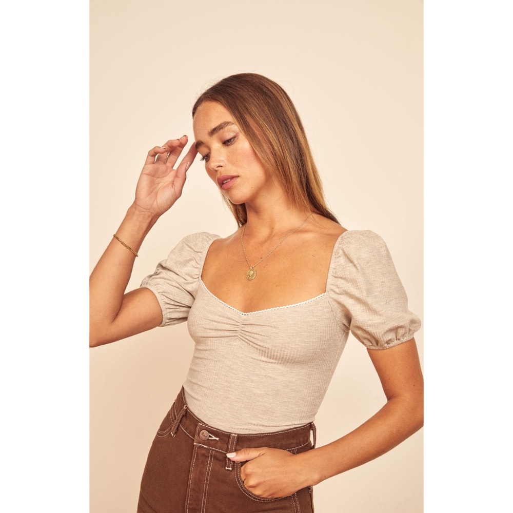 NWT Reformation XS Rochelle Puff Sleeve Bodysuit in Marble